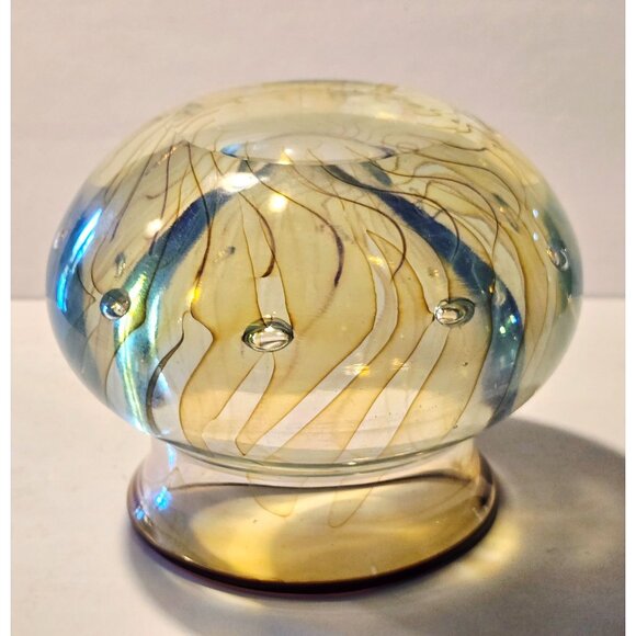Dabanian Karnig Handblown Art Glass bowl Iridescent Gold & Blue Swirl Design w/T - Picture 4 of 9